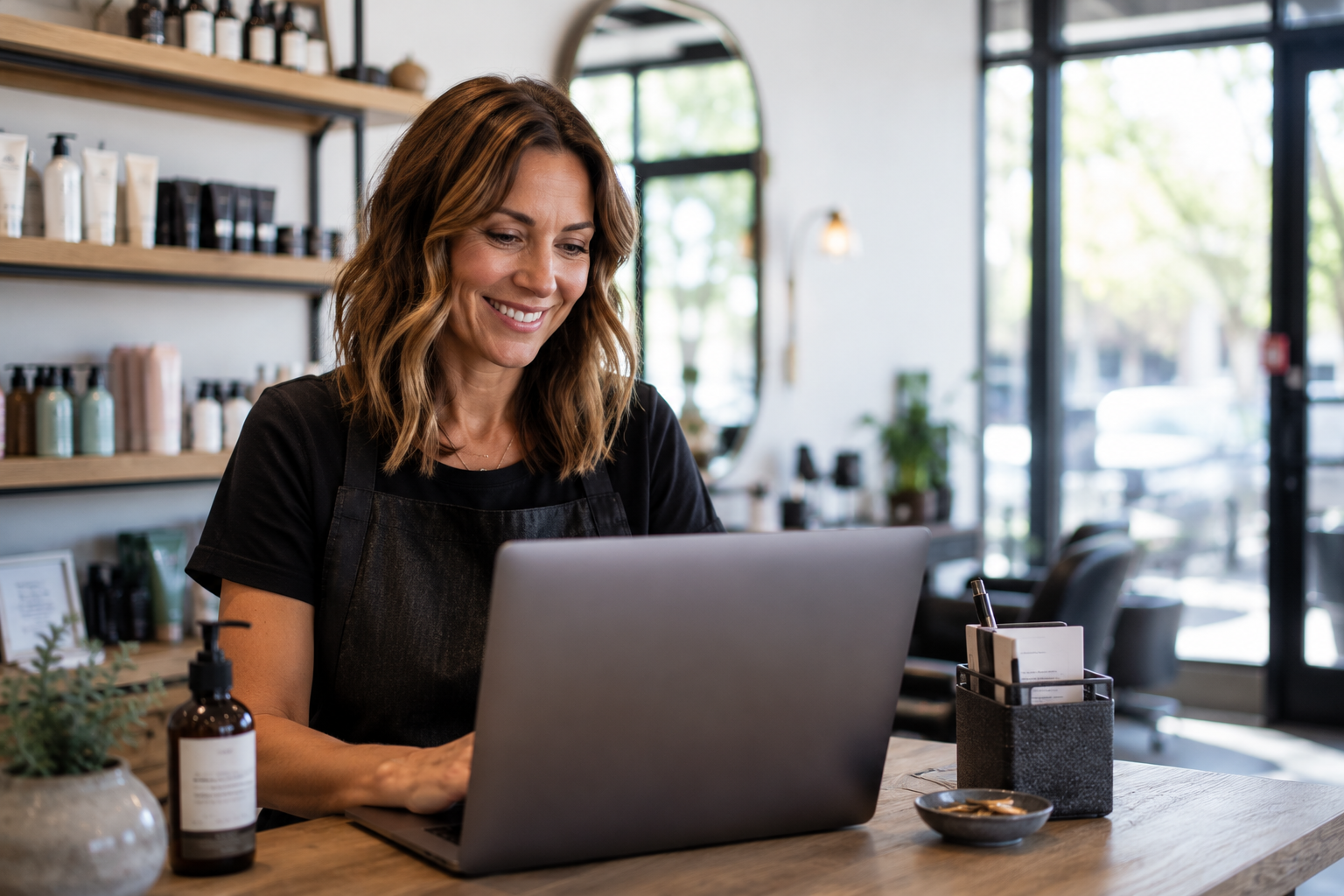 Smiling small-business owner managing online bookings on a SmartStack site